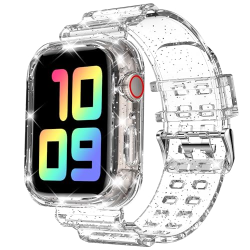 DABAOZA Compatible for Clear Apple Watch Band with Bumper Case 41mm 40mm 38mm, Women Men Glitter Bling TPU Sport Strap for iWatch SE Ultra 3 2 Series 11 10 9 8 7 6 5 4 3 2 1（GlitterClear,41/40/38） - Image 1