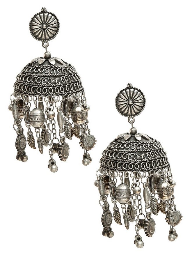 يو بيلا أقراط جومكي كبيرة الحجم من الفضة المؤكسدة مستوحاة من المشاهير من YouBella Jewellery للفتيات والنساء (النمط 1) - Image 1