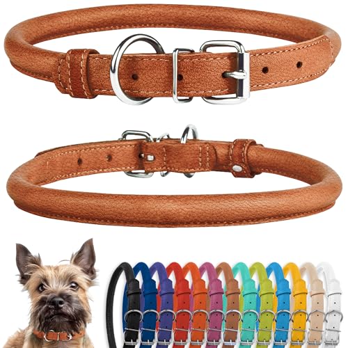 CollarDirect Rolled Leather Dog Collar, Soft Padded Round Puppy Collar, Handmade Genuine Leather Collar Dog Small Large Cat Collars 13 Colors (6-7 Inch, Cinnamon Textured) - Image 1