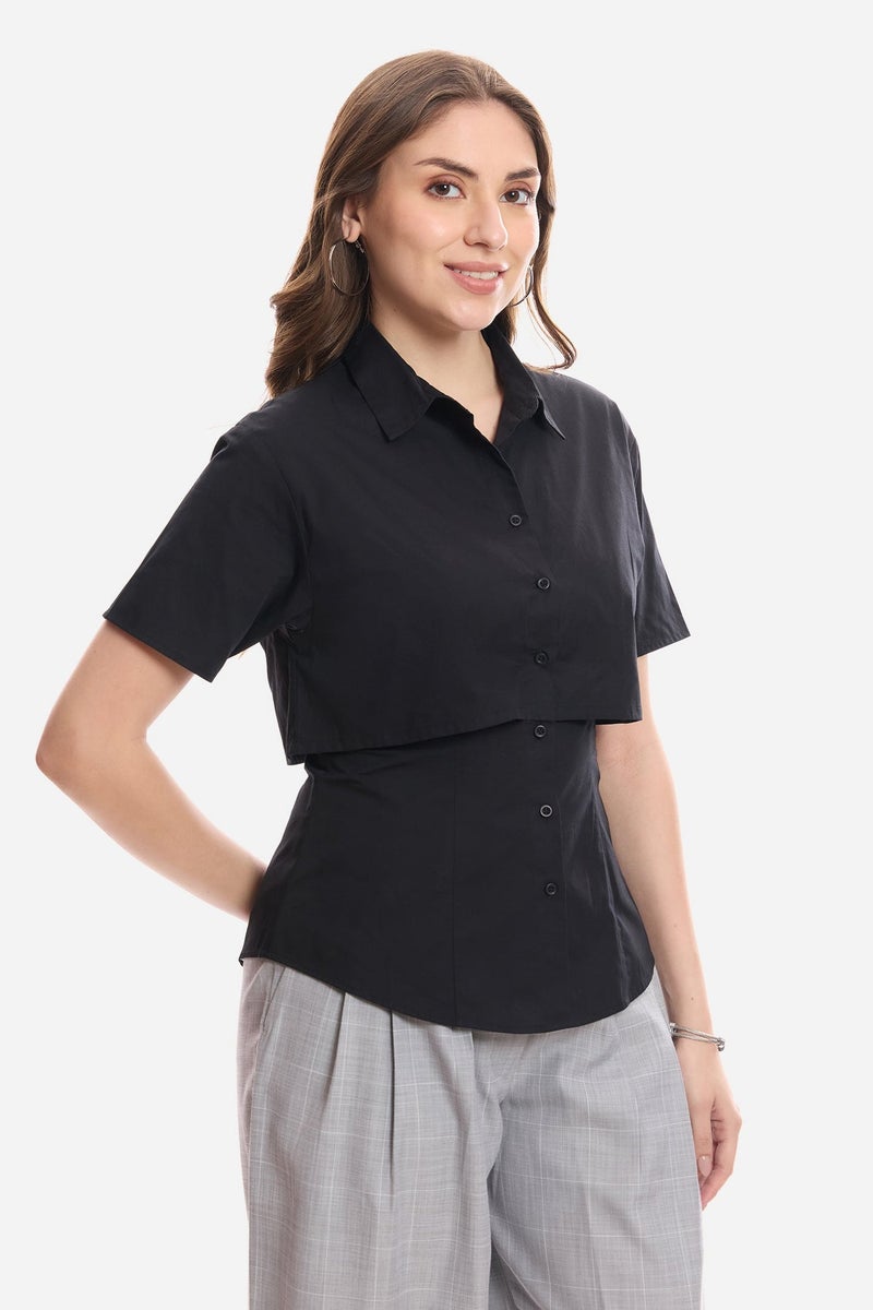 Virgio Solid Cotton Double Layer Short Sleeve Shirt for Women - Image 4