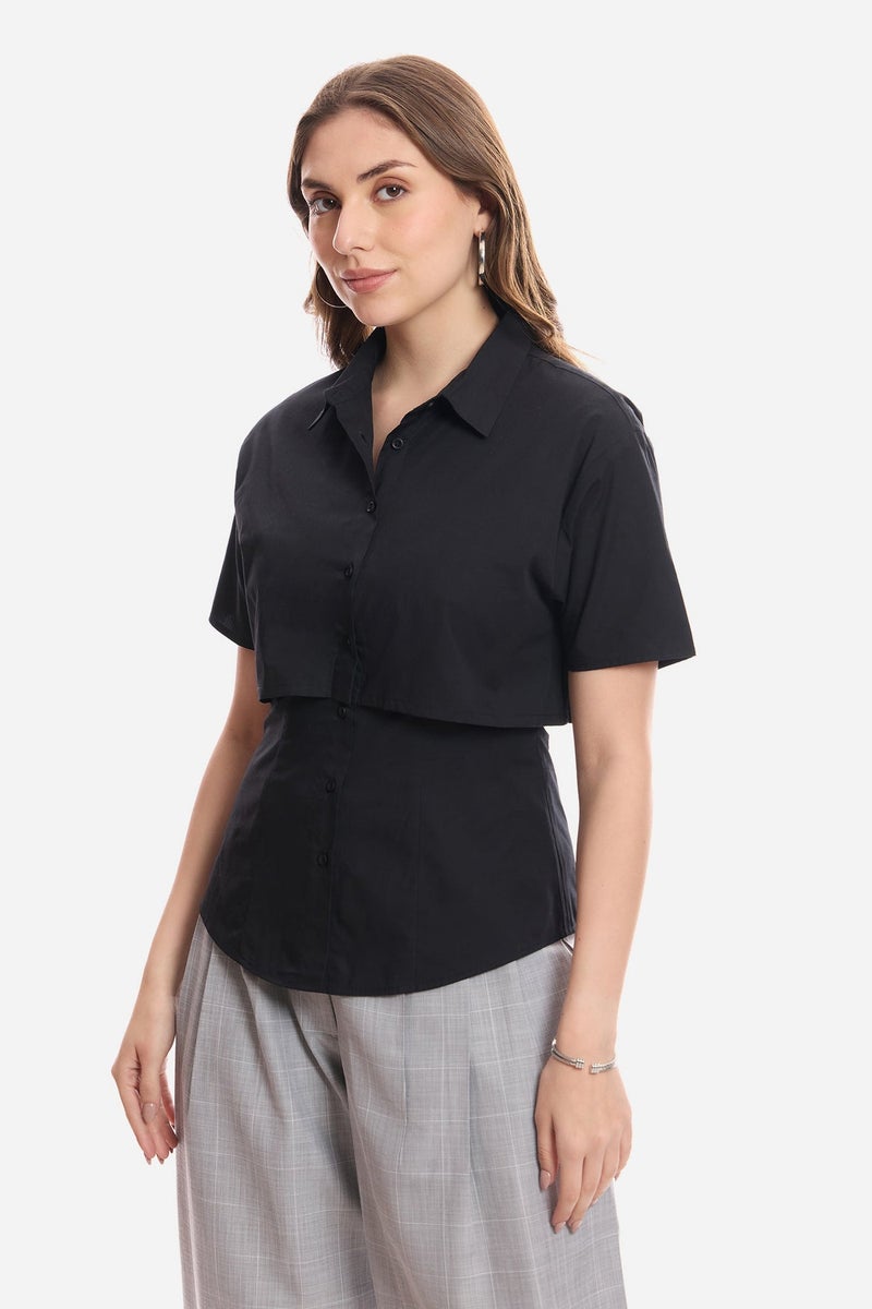 Virgio Solid Cotton Double Layer Short Sleeve Shirt for Women - Image 3
