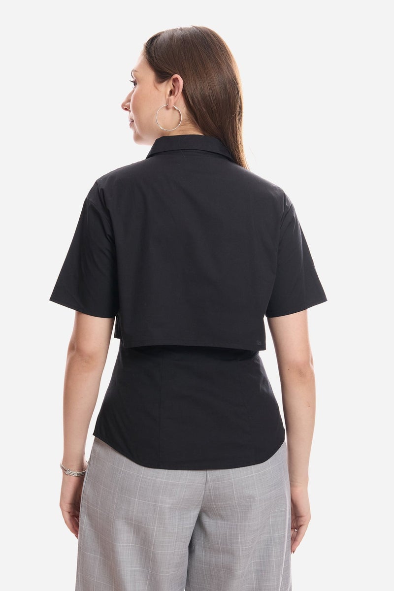 Virgio Solid Cotton Double Layer Short Sleeve Shirt for Women - Image 5