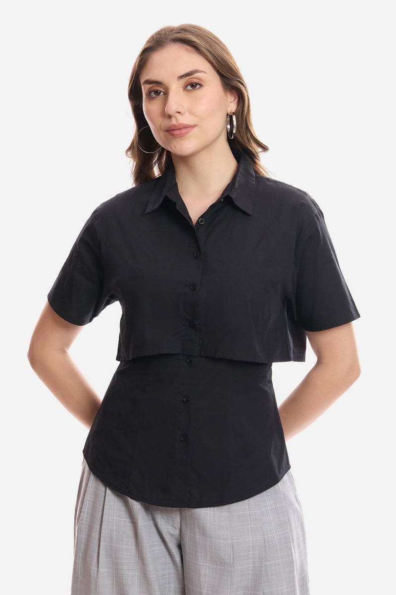 Virgio Solid Cotton Double Layer Short Sleeve Shirt for Women - Image 1