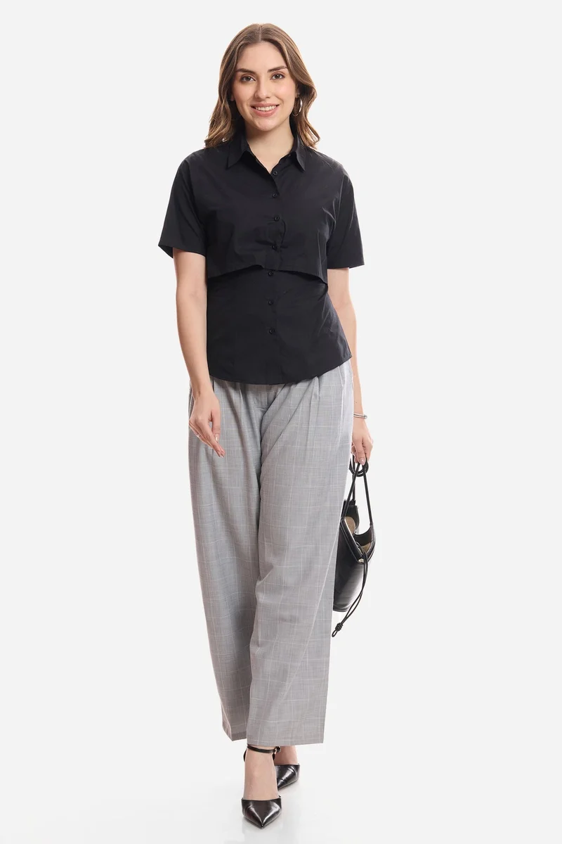 فيرجيو Solid Cotton Double Layer Short Sleeve Shirt for Women