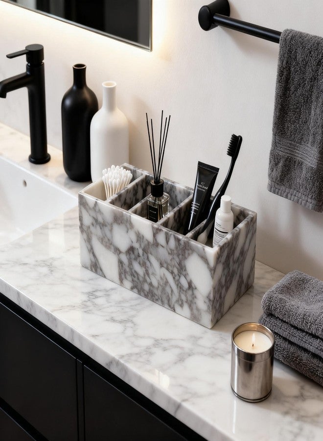 Artisanal Abode 5-Tier Marble Desktop Organizer for Office & Beauty Tools - Stackable Makeup Brush Storage, Coffee Accessories Holder with Natural Stone Pattern, Multi-Layer Countertop Tray - Image 4