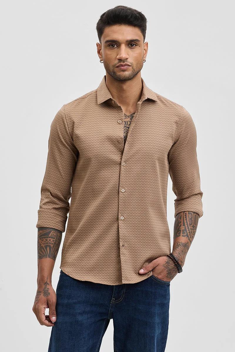 SNITCH Brown Textured Long Sleeve Slim Fit Casual Shirt