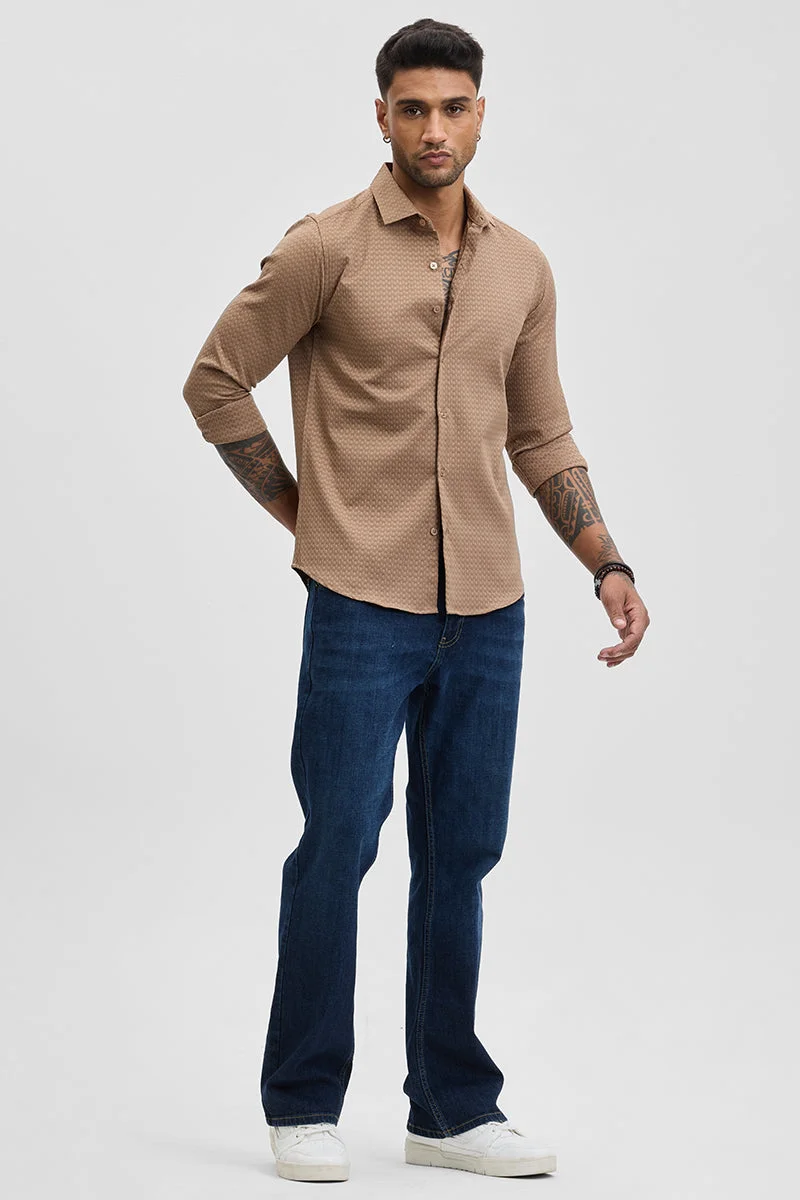 SNITCH Brown Textured Long Sleeve Slim Fit Casual Shirt