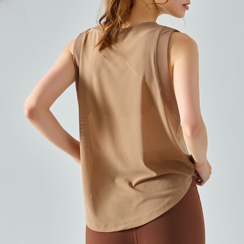 Generic Spring Summer Mesh Yoga Tank Breathable Loose Fitness Top COCOA  - Image 5