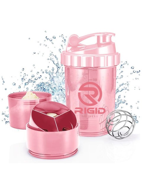 Protein Shaker Bottle (500ml) Transparent - Leak-Proof Blender Bottle with Powder and Pill Storage Compartment - BPA Free Shaker (Light Pink)