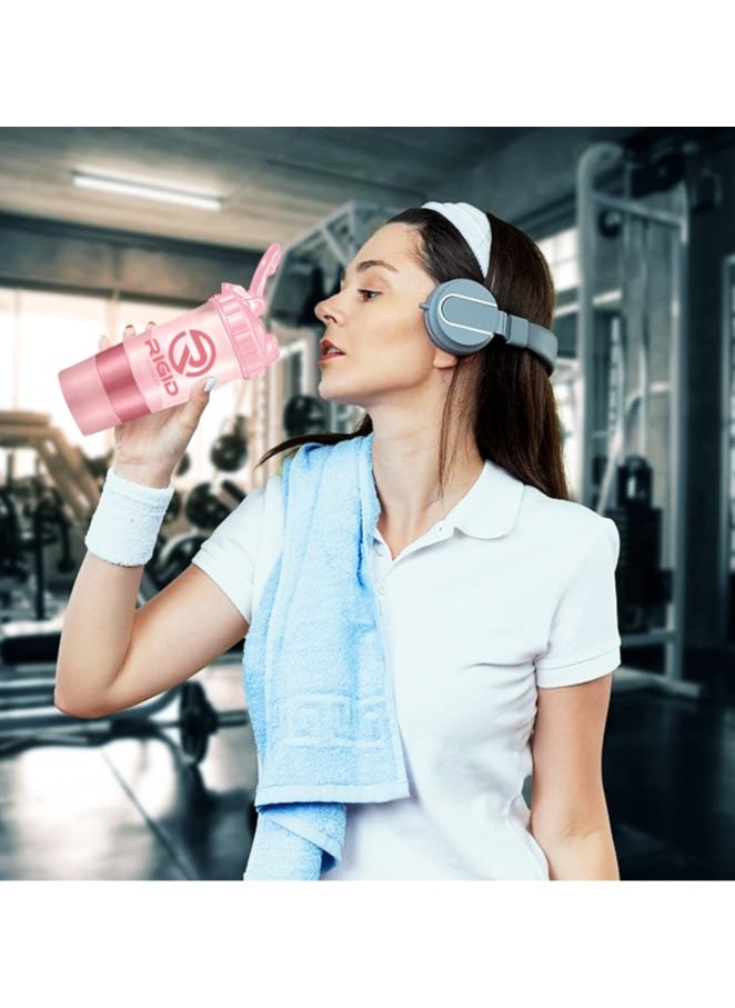 RIGID FITNESS - Protein Shaker Bottle (500ml) Transparent - Leak-Proof Blender Bottle with Powder and Pill Storage Compartment - BPA Free Shaker (Light Pink) - Image 1