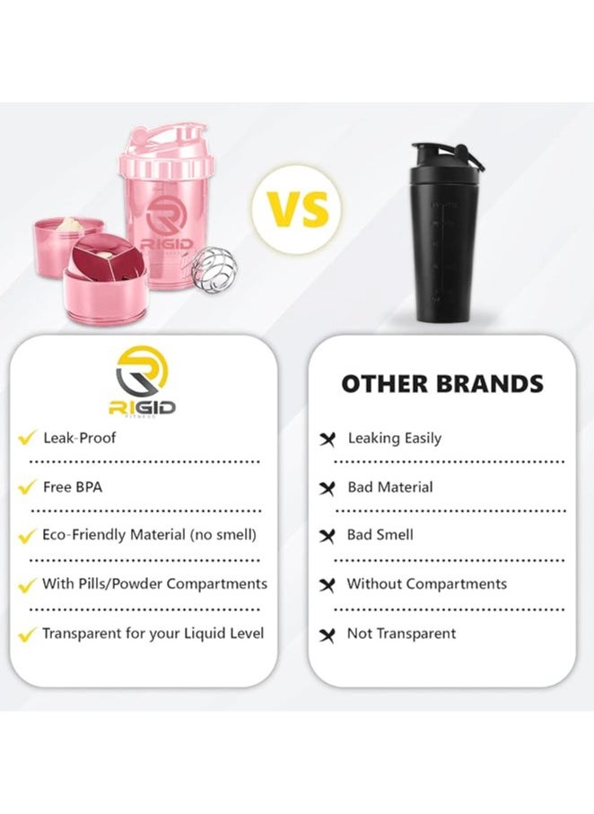 RIGID FITNESS - Protein Shaker Bottle (500ml) Transparent - Leak-Proof Blender Bottle with Powder and Pill Storage Compartment - BPA Free Shaker (Light Pink) - Image 1