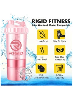 RIGID FITNESS Protein Shaker Bottle (500ml) Transparent - Leak-Proof Blender Bottle with Powder and Pill Storage Compartment - BPA Free Shaker (Light Pink)  - Image 3