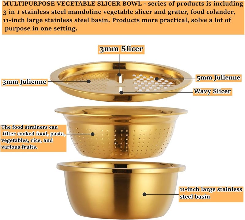 QOBIMOON QIBORUN 3PC/Set Colander Set Stainless Steel Vegetable Slicer Fruit Potato Peeler Carrot Grater Strainer Utensil Round Rice Washer Bowl Drain Basket-Gold - Image 2