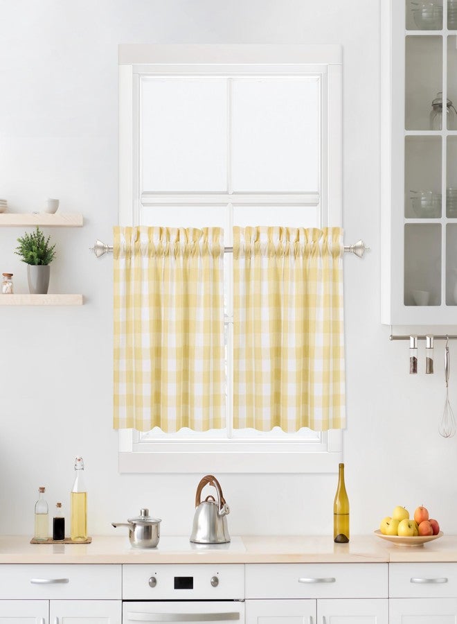 Bapawfish Yellow Buffalo Plaid Cafe Curtains Farmhouse Tiers Kitchen Curtain 24 Inches Long, Gingham Check Rod Pocket Half Window Short Drapes for Kitchens Bathroom, 28" x 24", Yellow/White, Set of 2 - Image 1