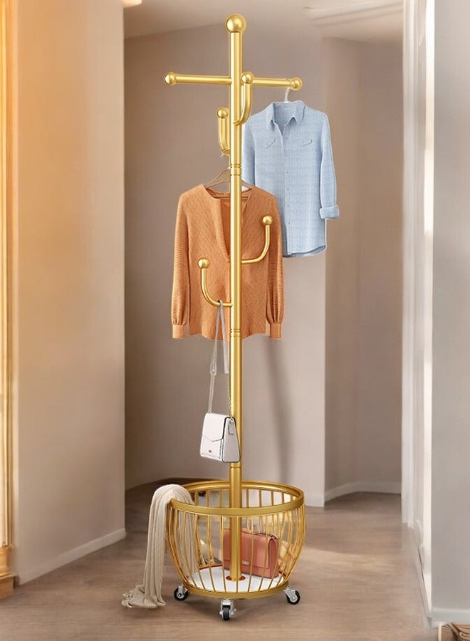 ZCM-HAPPY Floor Standing Clothes Rack with Coat Stand with Storage Basket and Wheels, Movable Iron Coat Rack for Bedroom, Living Room and Office, Floor Standing Hanger with Storage for Clothes, Hats, Bags and More - Image 1
