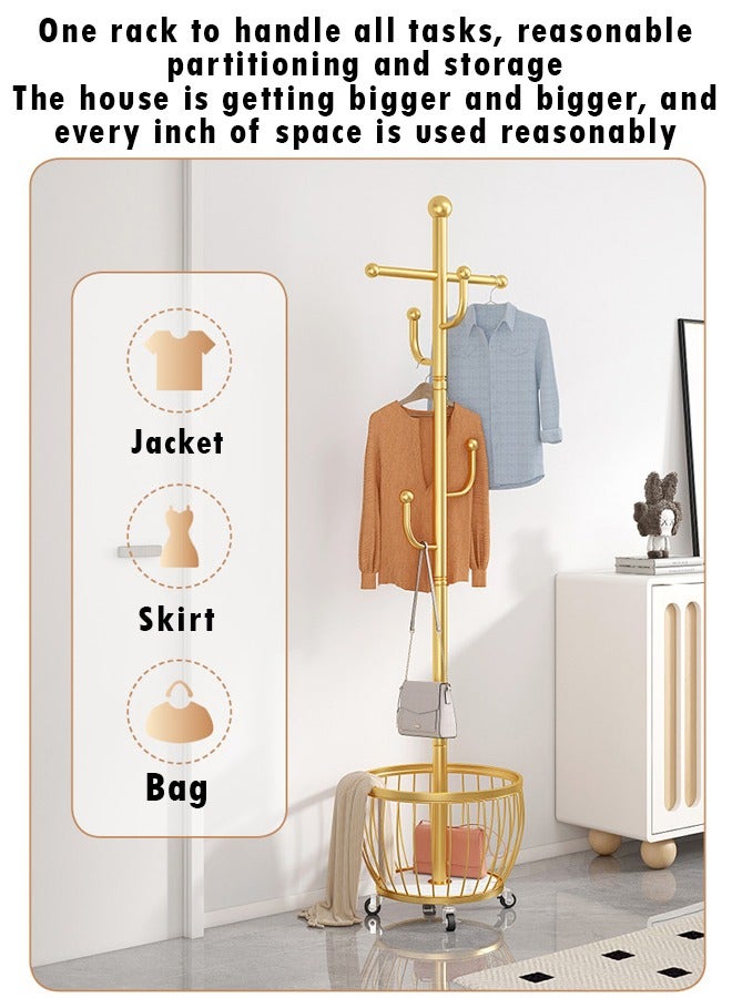 ZCM-HAPPY Floor Standing Clothes Rack with Coat Stand with Storage Basket and Wheels, Movable Iron Coat Rack for Bedroom, Living Room and Office, Floor Standing Hanger with Storage for Clothes, Hats, Bags and More - Image 3