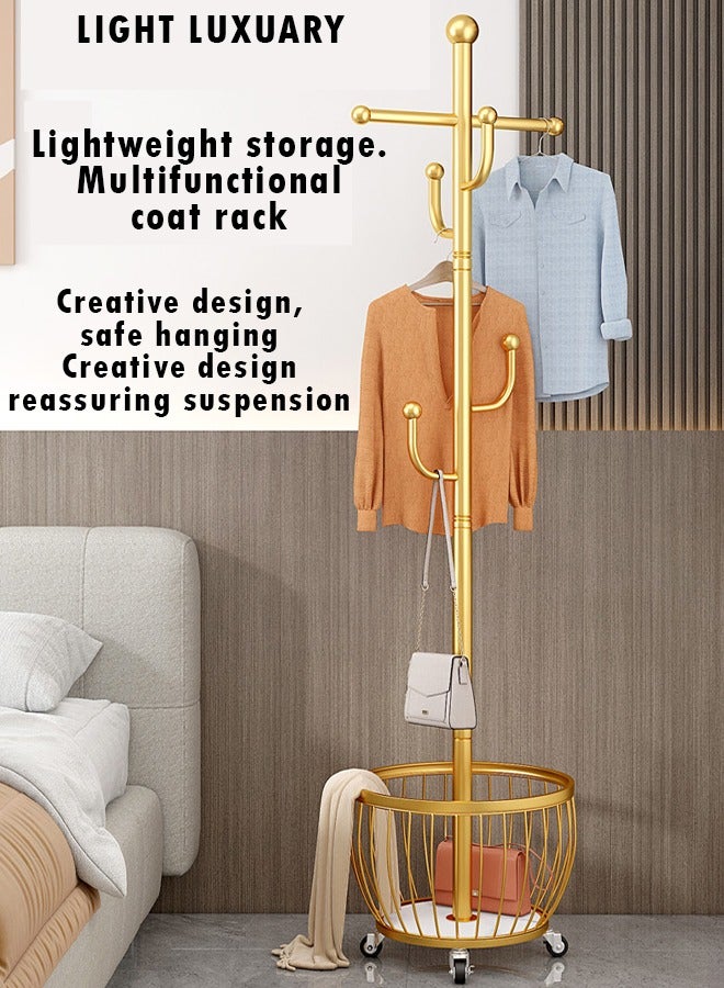 ZCM-HAPPY Floor Standing Clothes Rack with Coat Stand with Storage Basket and Wheels, Movable Iron Coat Rack for Bedroom, Living Room and Office, Floor Standing Hanger with Storage for Clothes, Hats, Bags and More - Image 4