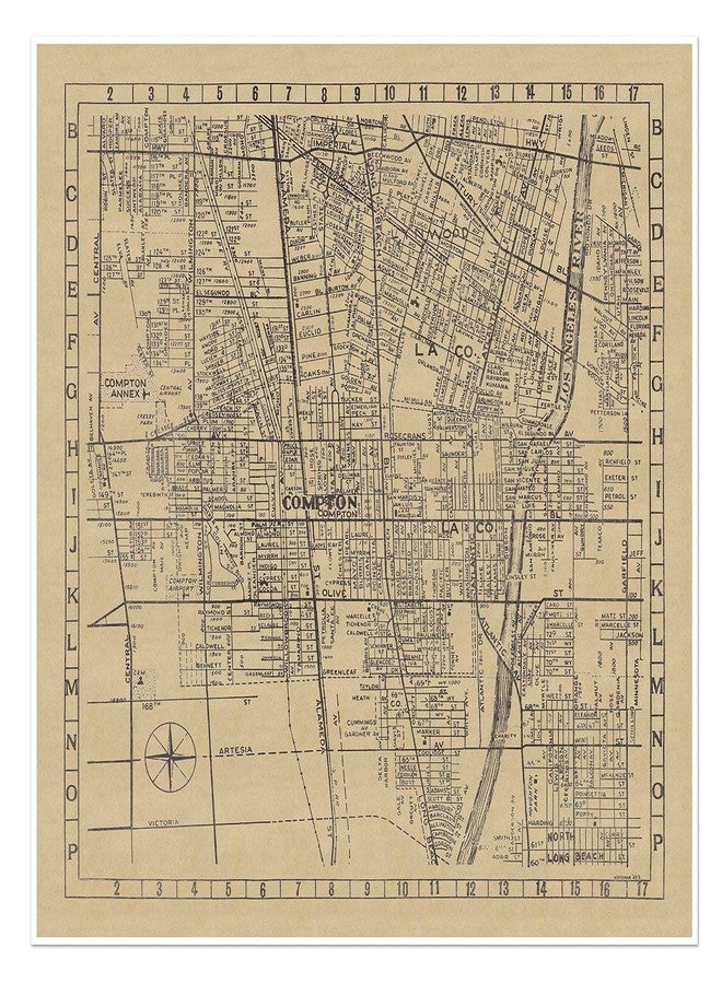 خرائط قديمة مصورة لشوارع كومبتون، لوس أنجلوس، كاليفورنيا، حوالي عام 1946 | تشمل لينوود، لونغ بيتش، مقاطعة لوس أنجلوس | ملصق فني مطبوع، ديكور حائط عتيق | 24 × 24 بوصة (610 × 610 مم) - Image 1