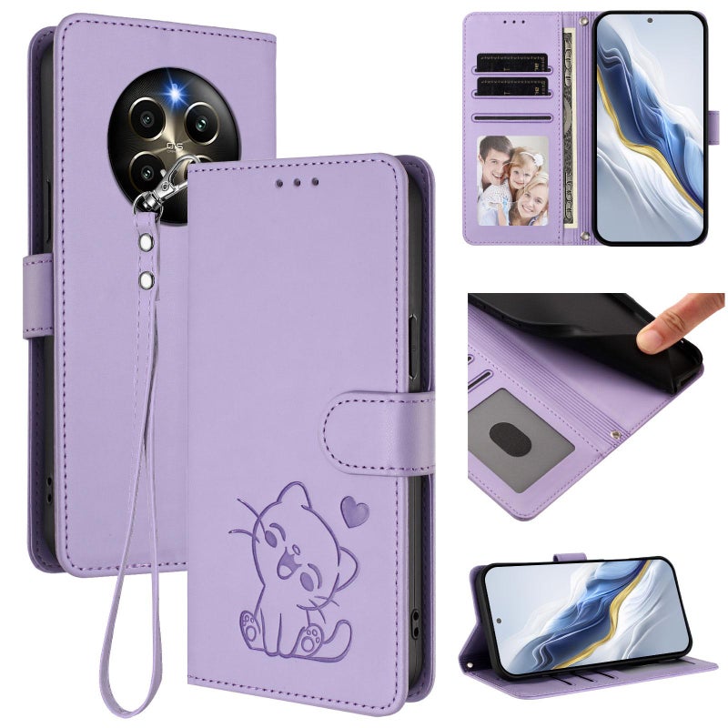 إيروريكس جراب هاتف من جلد القطة المنقوش مع حزام يد لهاتف Realme 12 Pro / 12 Pro+ / P1 Pro 5G (أرجواني فاتح) - Image 1