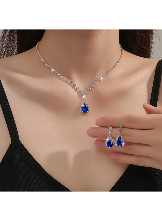 Goolsky 1 Necklace + 1 Pair of Earrings Set Simple Niche Design Water Drop Necklace Colored Gemstone Bridal Earrings Banquet Jewelry - Image 1