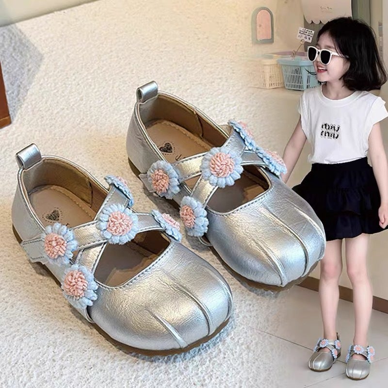 Girls'' Princess Shoes 2026 Spring and Autumn New Korean Style Floral Cross Mary Jane Shoes Leather Shoes for Little Girls - Image 2