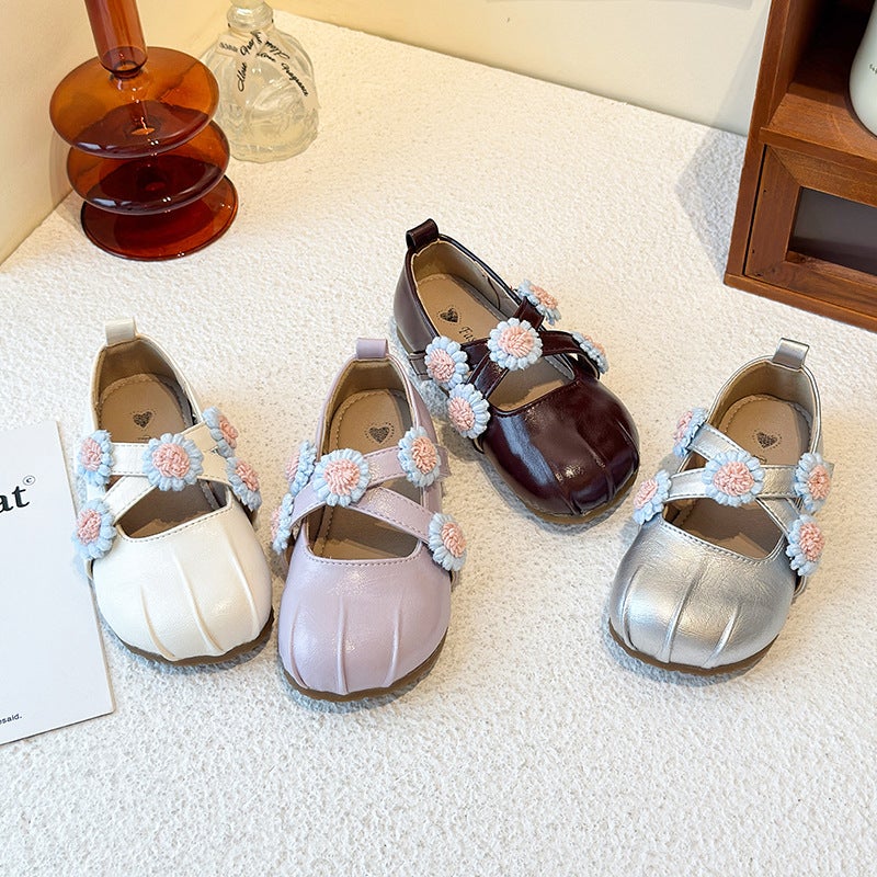 Girls'' Princess Shoes 2026 Spring and Autumn New Korean Style Floral Cross Mary Jane Shoes Leather Shoes for Little Girls - Image 3