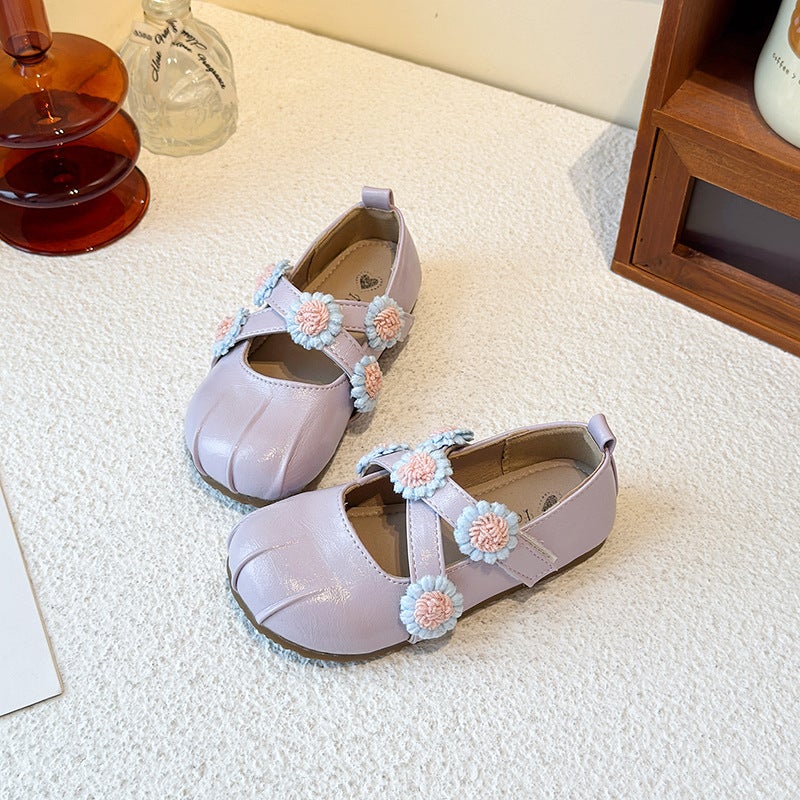 Girls'' Princess Shoes 2026 Spring and Autumn New Korean Style Floral Cross Mary Jane Shoes Leather Shoes for Little Girls - Image 4