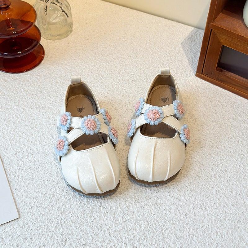 Girls'' Princess Shoes 2026 Spring and Autumn New Korean Style Floral Cross Mary Jane Shoes Leather Shoes for Little Girls - Image 1