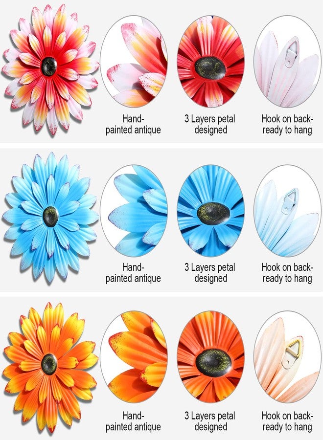 Hotop 3 Pcs Metal Flower Wall Art 3D Metal Daisy Wall Decor Multiple Layer Hanging Flower Rustic Farmhouse Boho Style Decorations for Indoor Outdoor Home Living Room Office Garden, 8 Inches(Vivid) - Image 3