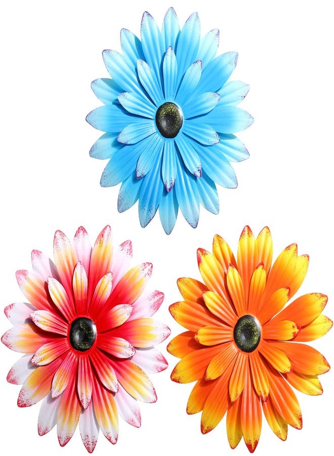 Hotop 3 Pcs Metal Flower Wall Art 3D Metal Daisy Wall Decor Multiple Layer Hanging Flower Rustic Farmhouse Boho Style Decorations for Indoor Outdoor Home Living Room Office Garden, 8 Inches(Vivid) - Image 1