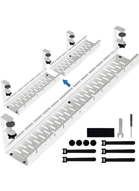 No-Drill Under-Desk Cable Management Tray,Retractable Fixture-Mounted Desktop Cable Organizer for Cable Management,Retractable Plug Rack,Sturdy Metal Cable Tray Basket for Home Office(White)