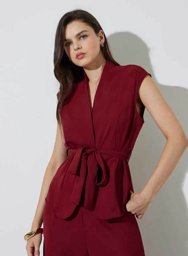 تايك تو Burgundy Waistcoat With Tie-Belt And Pants Co-Ord Set