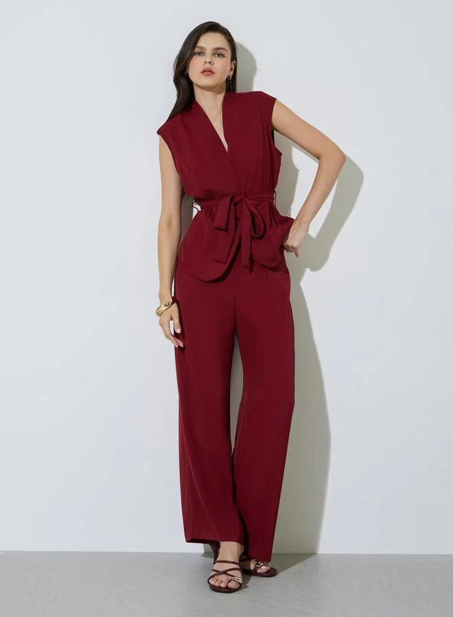 تايك تو Burgundy Waistcoat With Tie-Belt And Pants Co-Ord Set