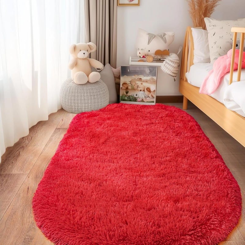 Moofcy Solid Color Area Rug – Soft Plush Carpet for Living Room, Bedroom, Kids Room, Kitchen – Multiple Sizes, Shapes & Colors – Non-Slip, Easy to Clean Modern Floor Rug - (Red, Oval, 3x5 feet) - Image 3
