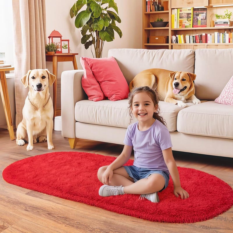 Moofcy Solid Color Area Rug – Soft Plush Carpet for Living Room, Bedroom, Kids Room, Kitchen – Multiple Sizes, Shapes & Colors – Non-Slip, Easy to Clean Modern Floor Rug - (Red, Oval, 3x5 feet) - Image 4