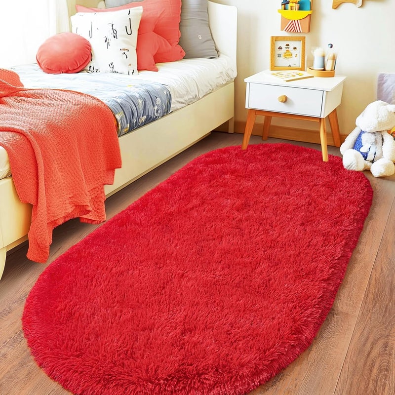 Moofcy Solid Color Area Rug – Soft Plush Carpet for Living Room, Bedroom, Kids Room, Kitchen – Multiple Sizes, Shapes & Colors – Non-Slip, Easy to Clean Modern Floor Rug - (Red, Oval, 3x5 feet) - Image 1