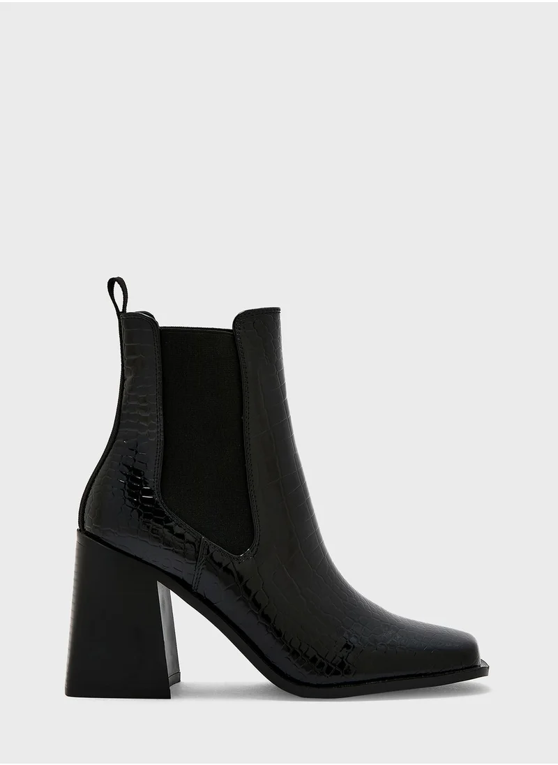 Ginger Block Heel Croc Effect Boot