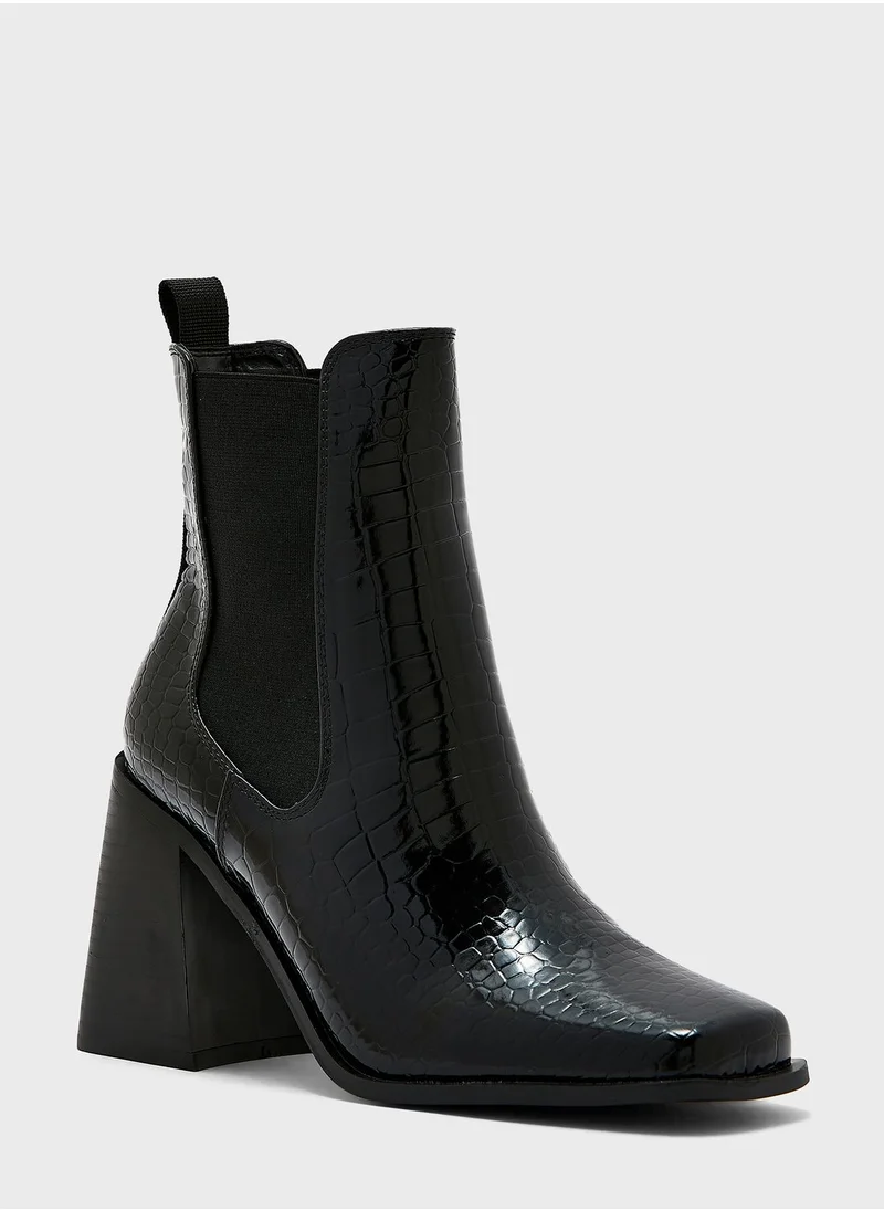 Ginger Block Heel Croc Effect Boot