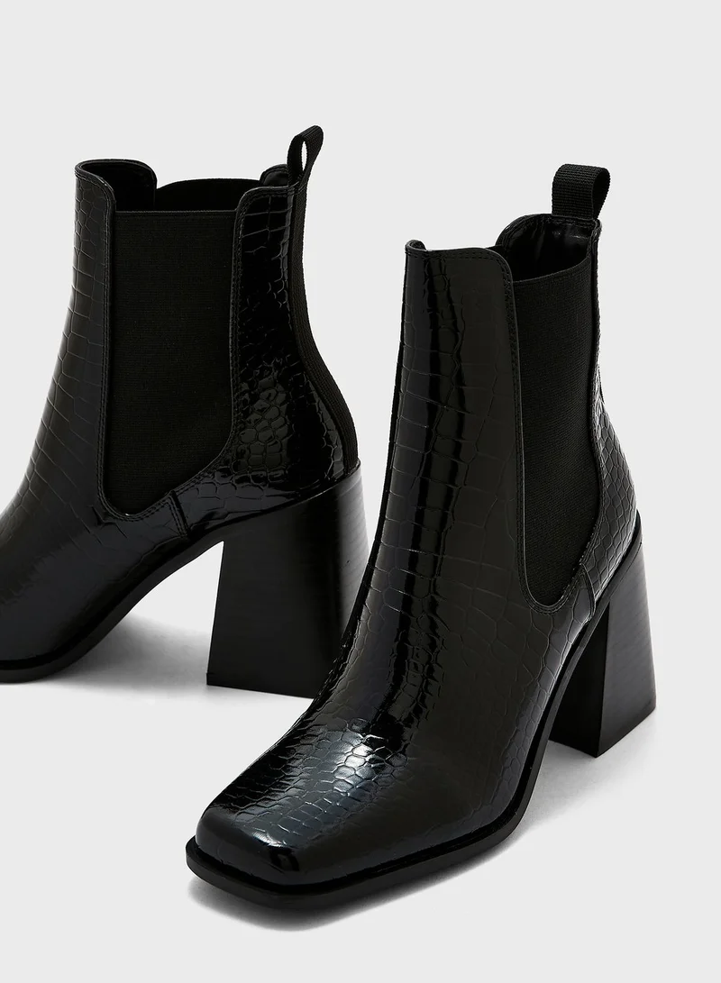 Ginger Block Heel Croc Effect Boot