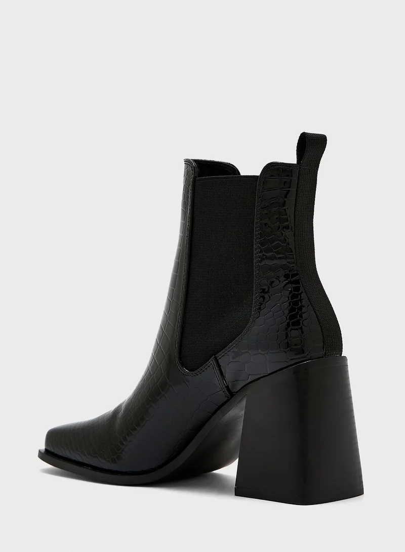 Ginger Block Heel Croc Effect Boot