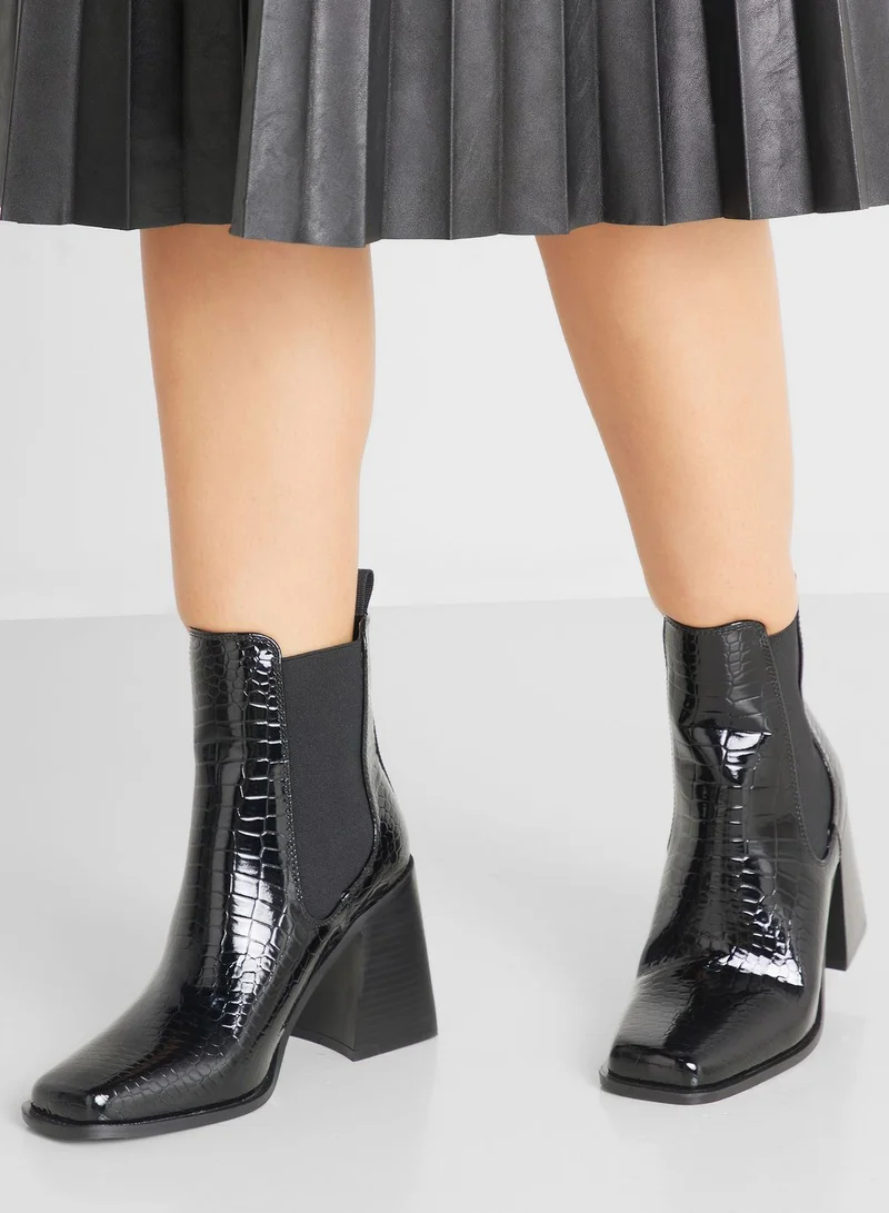 Ginger Block Heel Croc Effect Boot