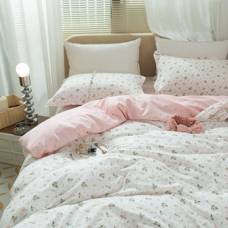 AMWAN Pink Floral Duvet Cover Full Size Cotton Garden Bedding Sets Kids Girls White Comforter Aesthetic Botanical Vintage Flower Print with Zipper Ties, Full (80''x90'') - Image 4