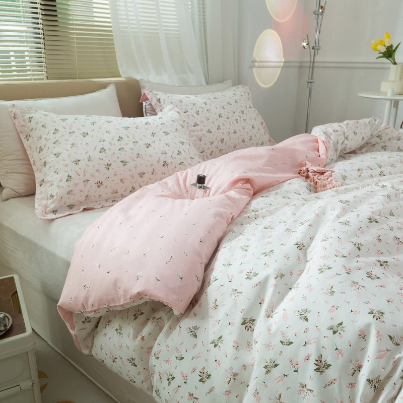 AMWAN Pink Floral Duvet Cover Full Size Cotton Garden Bedding Sets Kids Girls White Comforter Aesthetic Botanical Vintage Flower Print with Zipper Ties, Full (80''x90'') - Image 3
