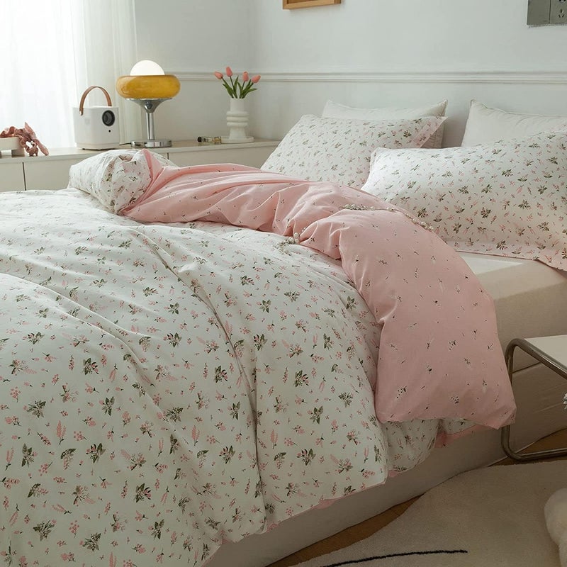 AMWAN Pink Floral Duvet Cover Full Size Cotton Garden Bedding Sets Kids Girls White Comforter Aesthetic Botanical Vintage Flower Print with Zipper Ties, Full (80''x90'') - Image 5
