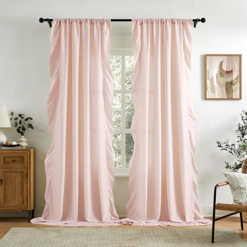 SEEKRIGHT Dusty Pink Ruffle Curtains 84 Inches Long for Bedroom Living Room Rod Pocket Light Filtering Soft Victorian Romantic Ruffle Pleated Curtains for Girls Nursery Room Window Privacy Decor 52x84 Blush - Image 1