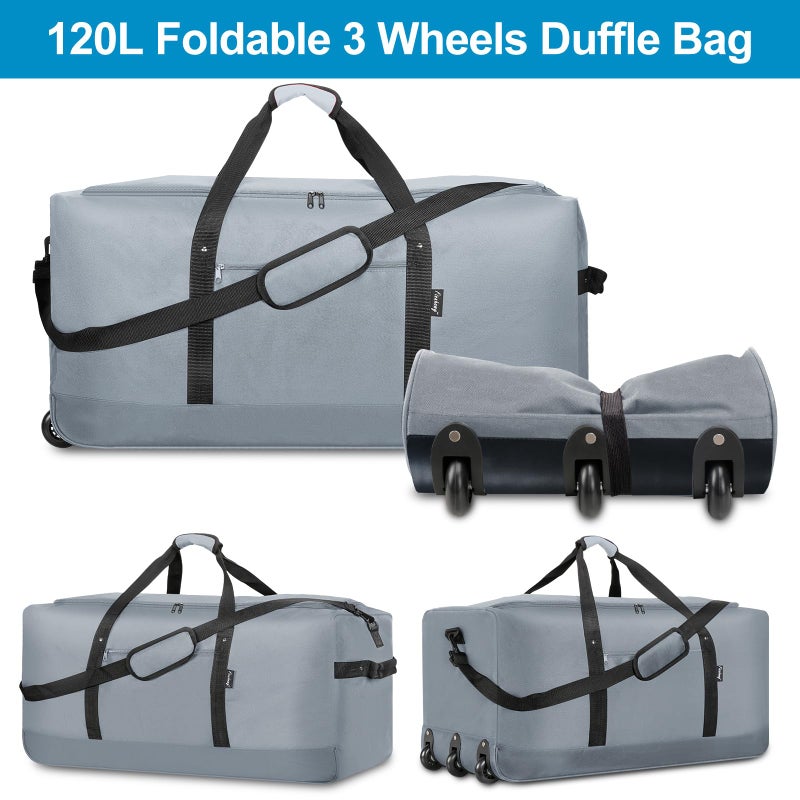 Finnhomy 120L Foldable Rolling Duffel Bag with 3 Wheels, Light Weight Travel Duffel bag with Large Loading Capacity, 32 inch Rolling Duffel bag with Shoulder Strap for Travel Camping Sports, Grey - Image 3