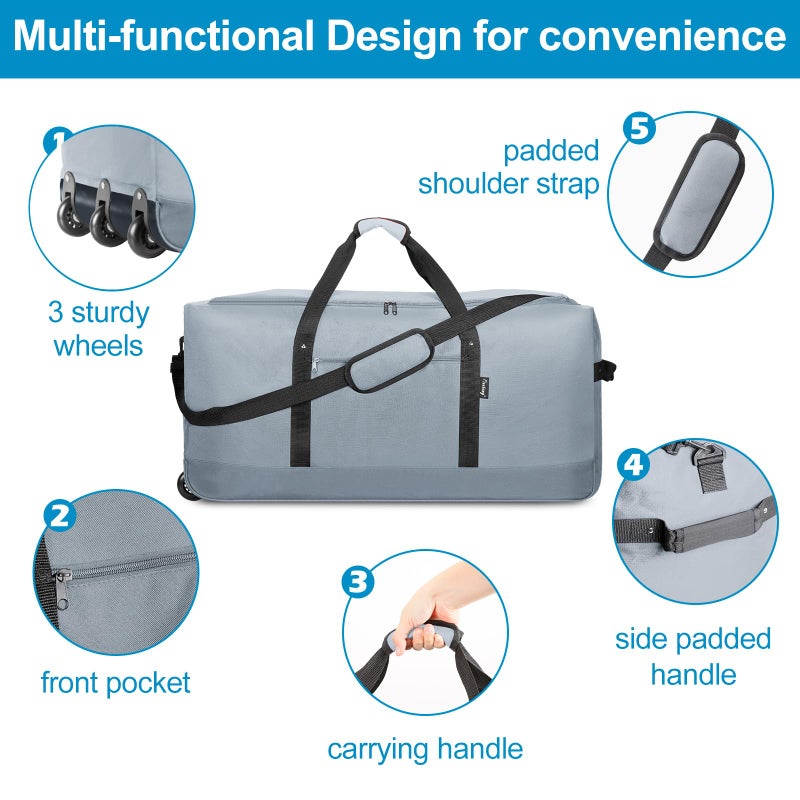 Finnhomy 120L Foldable Rolling Duffel Bag with 3 Wheels, Light Weight Travel Duffel bag with Large Loading Capacity, 32 inch Rolling Duffel bag with Shoulder Strap for Travel Camping Sports, Grey - Image 4
