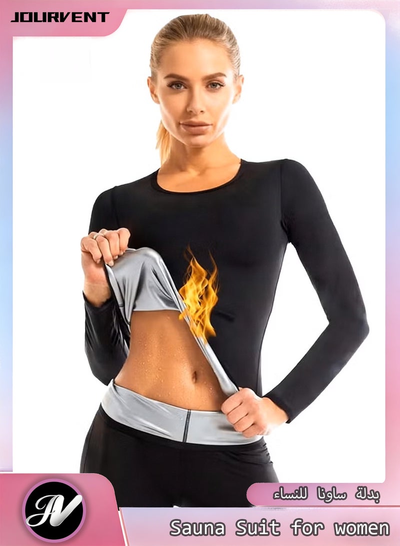 Jourvent Women’s Sauna Sweat Suit Long Sleeve Top and Pants Set for Weight Loss Fitness Workout Burning Calories Daily Use - Image 1