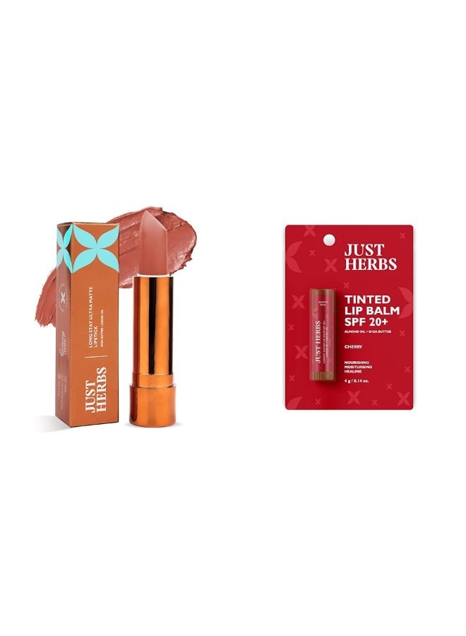 جاست هيربز مجموعة "جست هيربز" (Just Herbs) المكونة من: أحمر شفاه "ألترا مات" (Ultra Matte) بتركيبة مطفية (درجة Nude Nectar) بوزن 4 جم، ومرطب شفاه ملون لتفتيح الشفاه الداكنة بمعامل حماية SPF 20+ (درجة Cherry) بوزن 4 جم. - Image 1