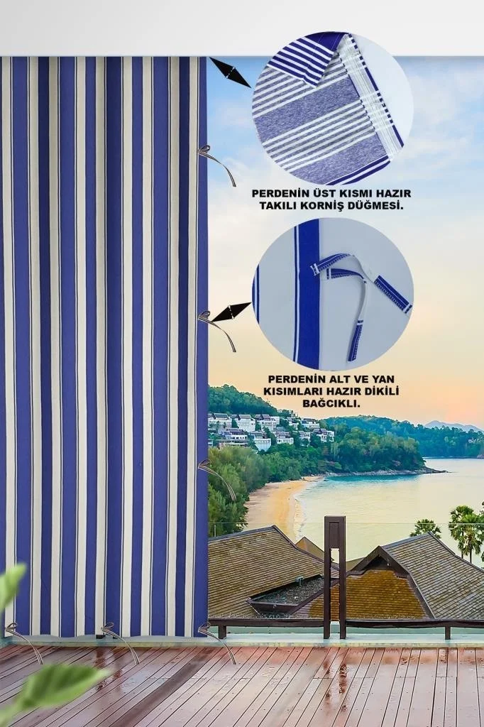 Altın Pamuk Golden Cotton Lace-Up Balcony Curtain with Length Options in All Sizes-Balcony Canvas Blue